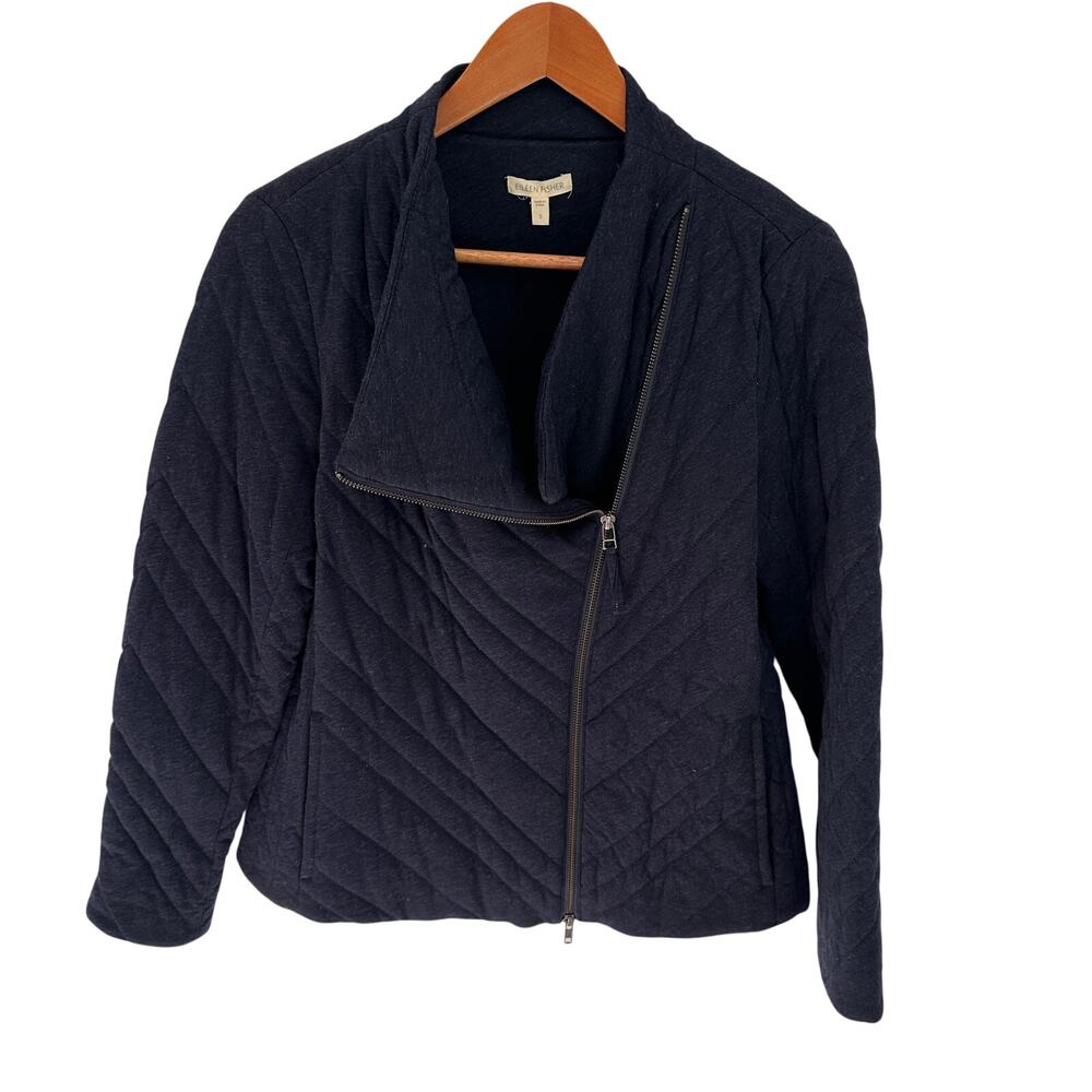 EILEEN FISHER Navy Quilted 100% Organic Cotton Asymmetrial Zip Jacket // S